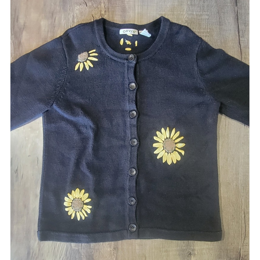 Orvis Women's Medium Cardigan  Button Up Sweater‎ Flowers Daisy's Navy Blue
